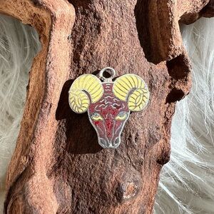 Vintage Sterling Silver Charm Kinney Providence RI Ram Head Brown Yellow Enamel